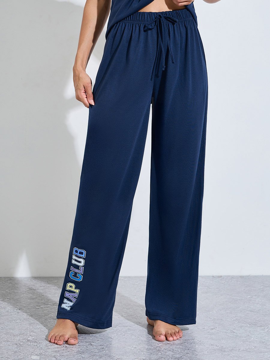 Navy Blue Solid Pocket Detail Tank and Printed Pants Pyjama Set