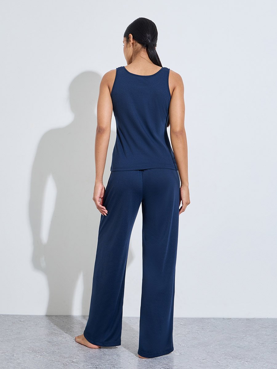 Navy Blue Solid Pocket Detail Tank and Printed Pants Pyjama Set