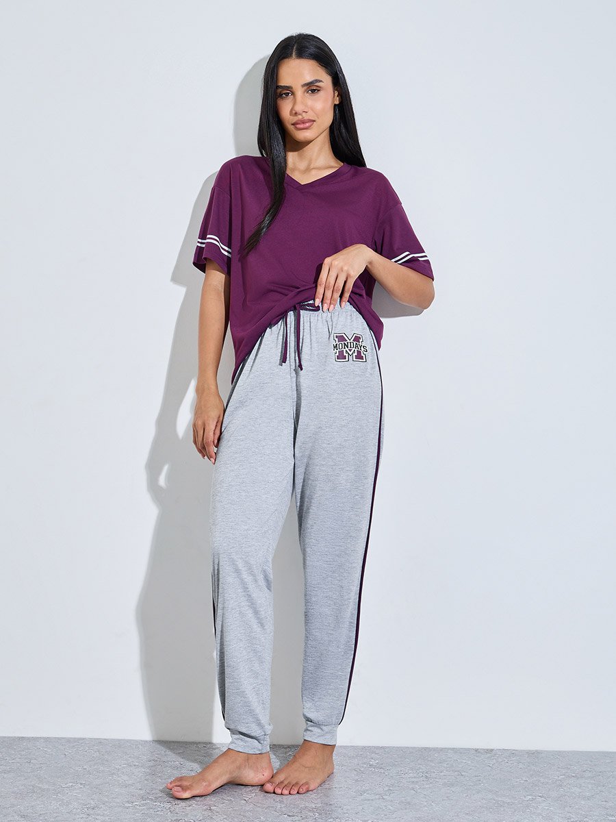 Purple V-Neck T-Shirt and Grey Cuffed Hem Pants Pyjama Set
