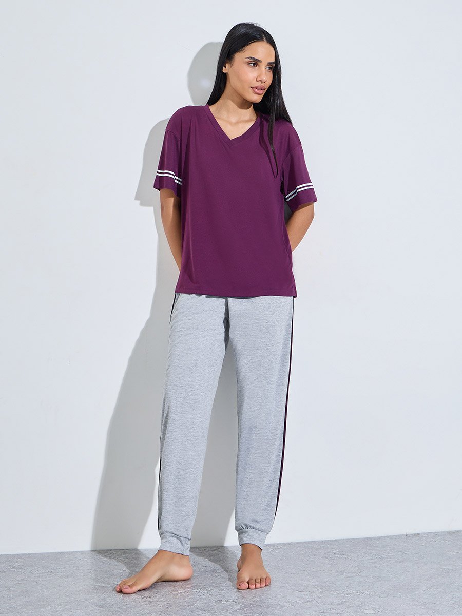 Purple V-Neck T-Shirt and Grey Cuffed Hem Pants Pyjama Set