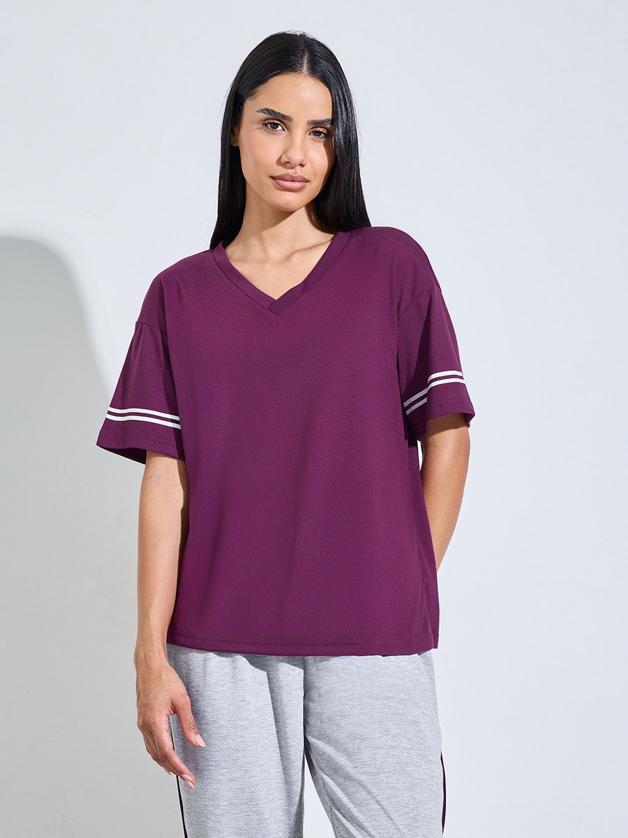 Purple V-Neck T-Shirt and Grey Cuffed Hem Pants Pyjama Set