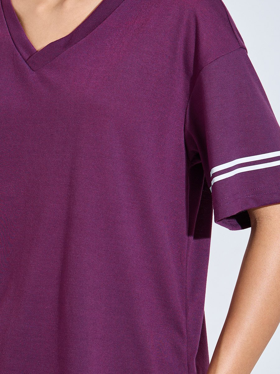 Purple V-Neck T-Shirt and Grey Cuffed Hem Pants Pyjama Set