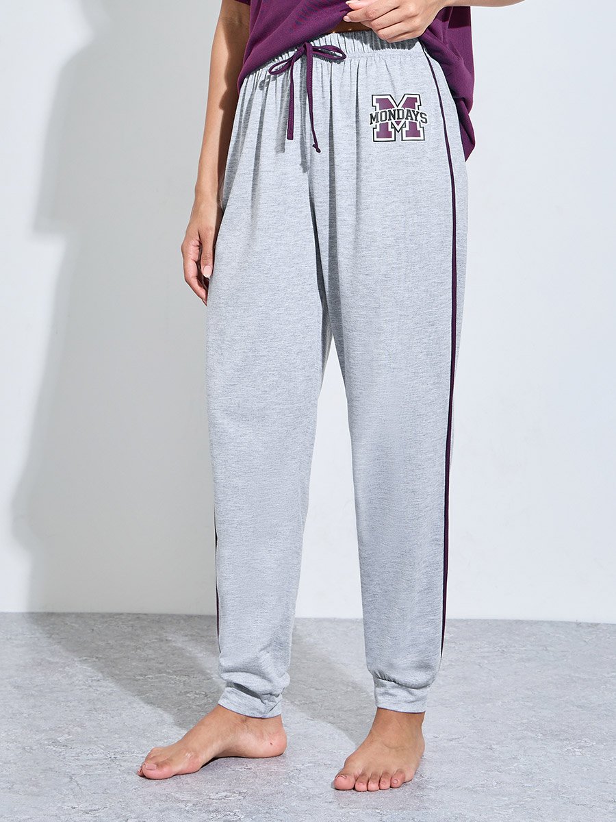 Purple V-Neck T-Shirt and Grey Cuffed Hem Pants Pyjama Set
