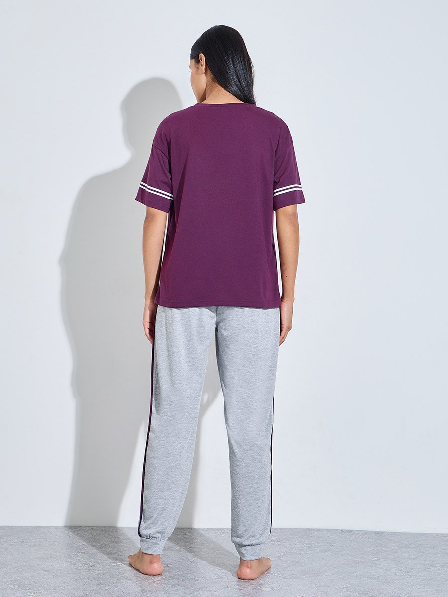 Purple V-Neck T-Shirt and Grey Cuffed Hem Pants Pyjama Set