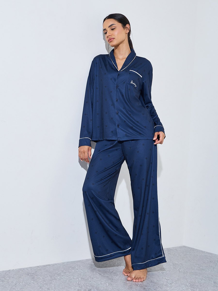 Navy Blue Solid Contrast Piping Shirt and Wide Leg Pants Pyjama Set