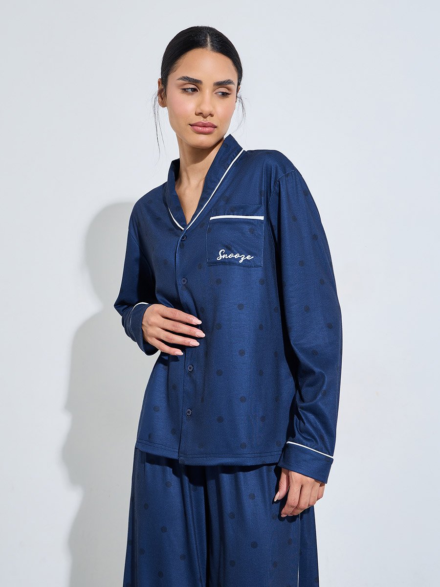 Navy Blue Solid Contrast Piping Shirt and Wide Leg Pants Pyjama Set