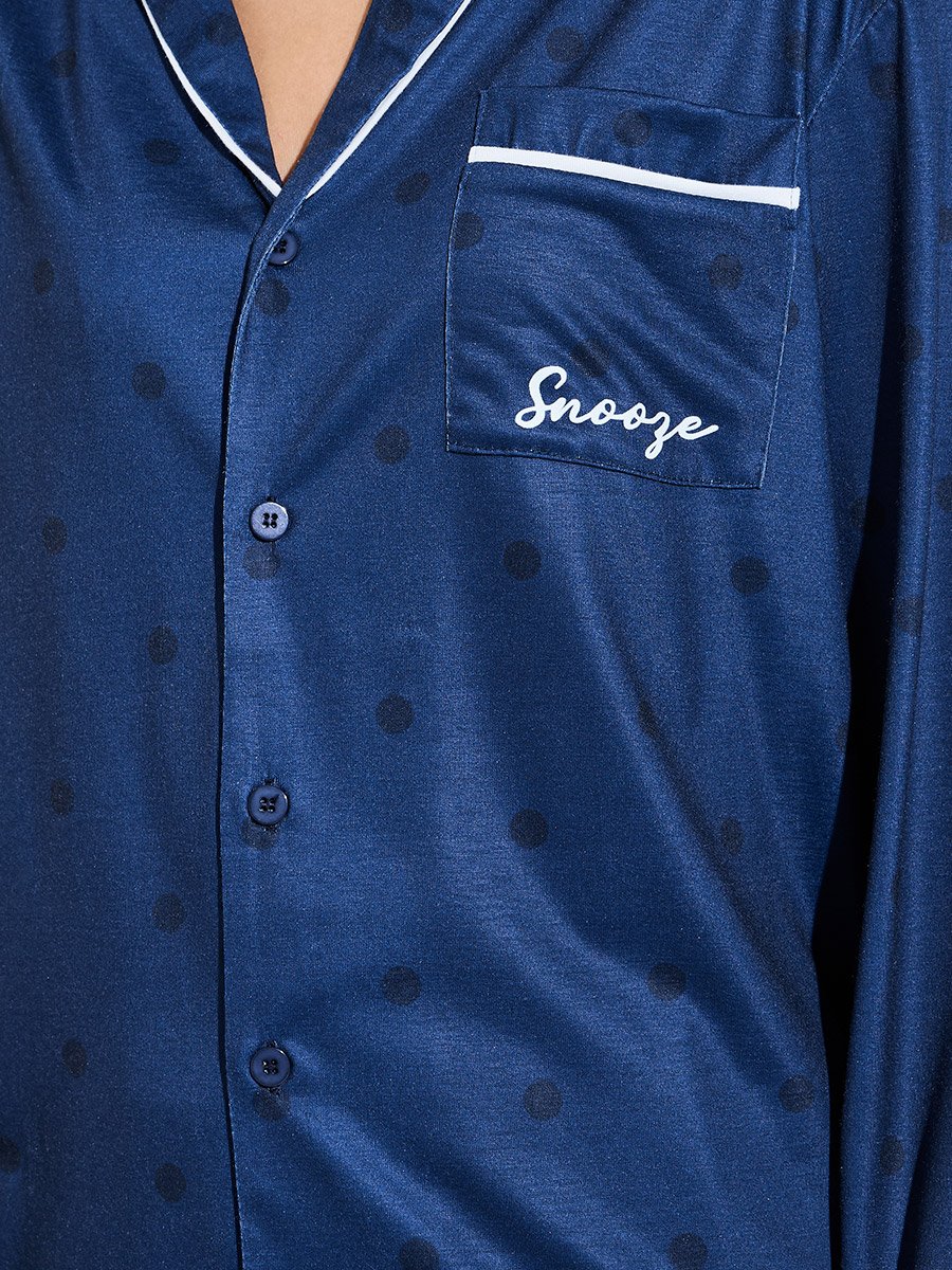 Navy Blue Solid Contrast Piping Shirt and Wide Leg Pants Pyjama Set