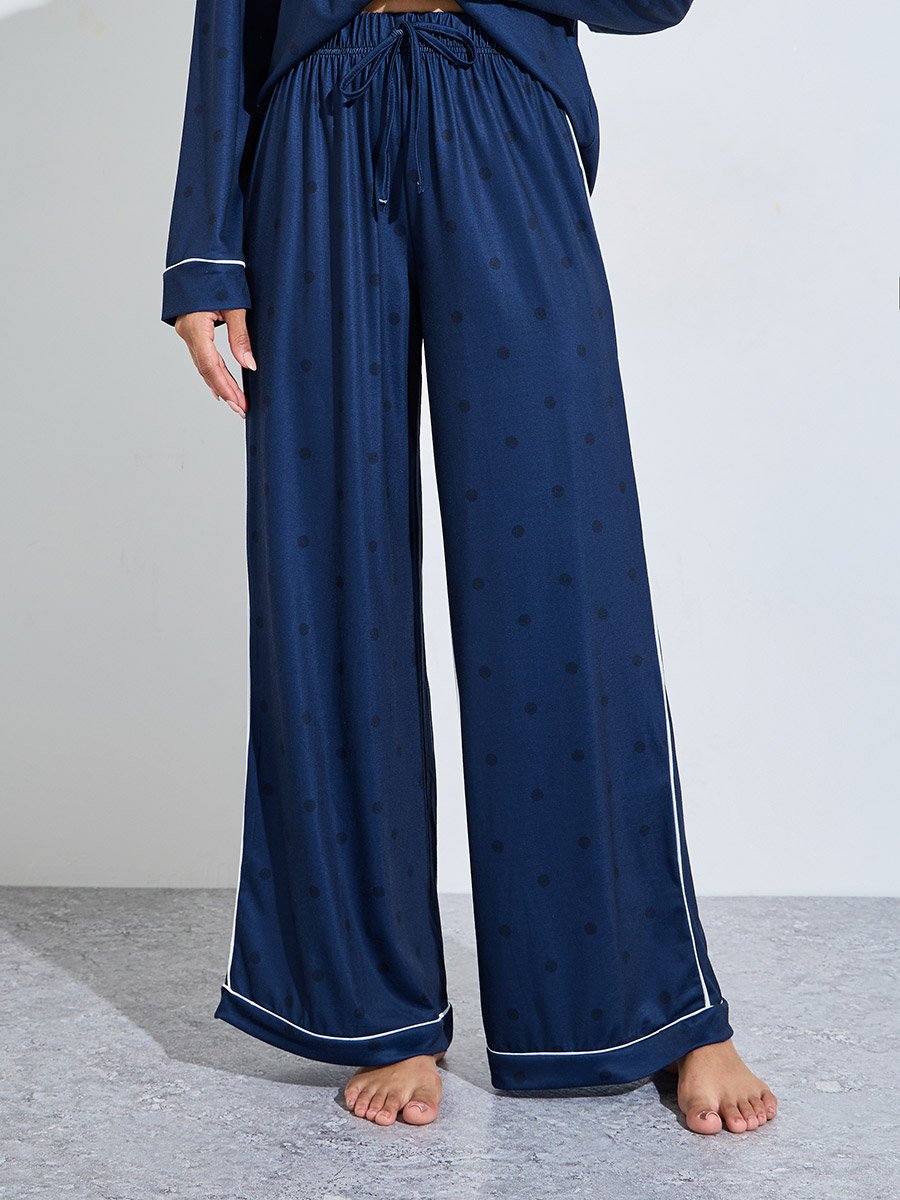 Navy Blue Solid Contrast Piping Shirt and Wide Leg Pants Pyjama Set