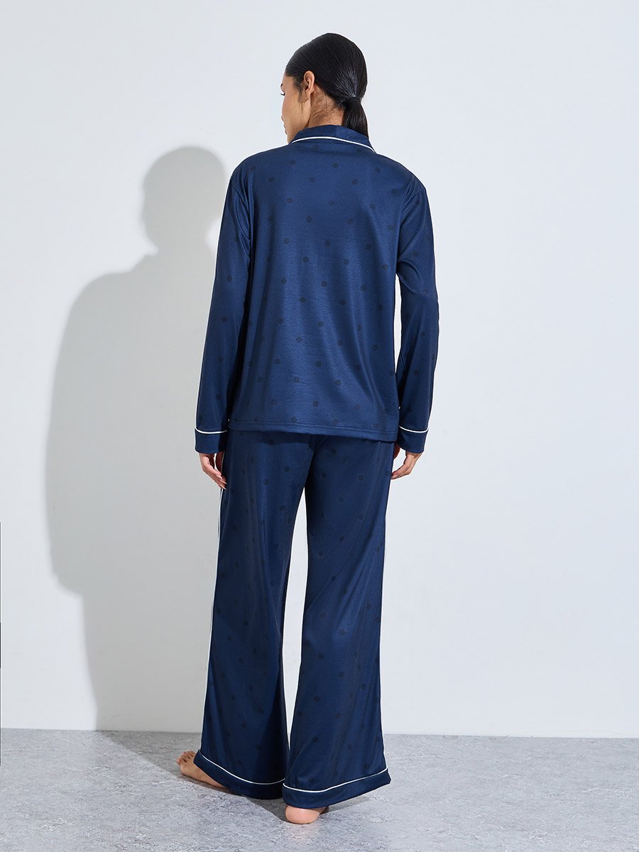 Navy Blue Solid Contrast Piping Shirt and Wide Leg Pants Pyjama Set