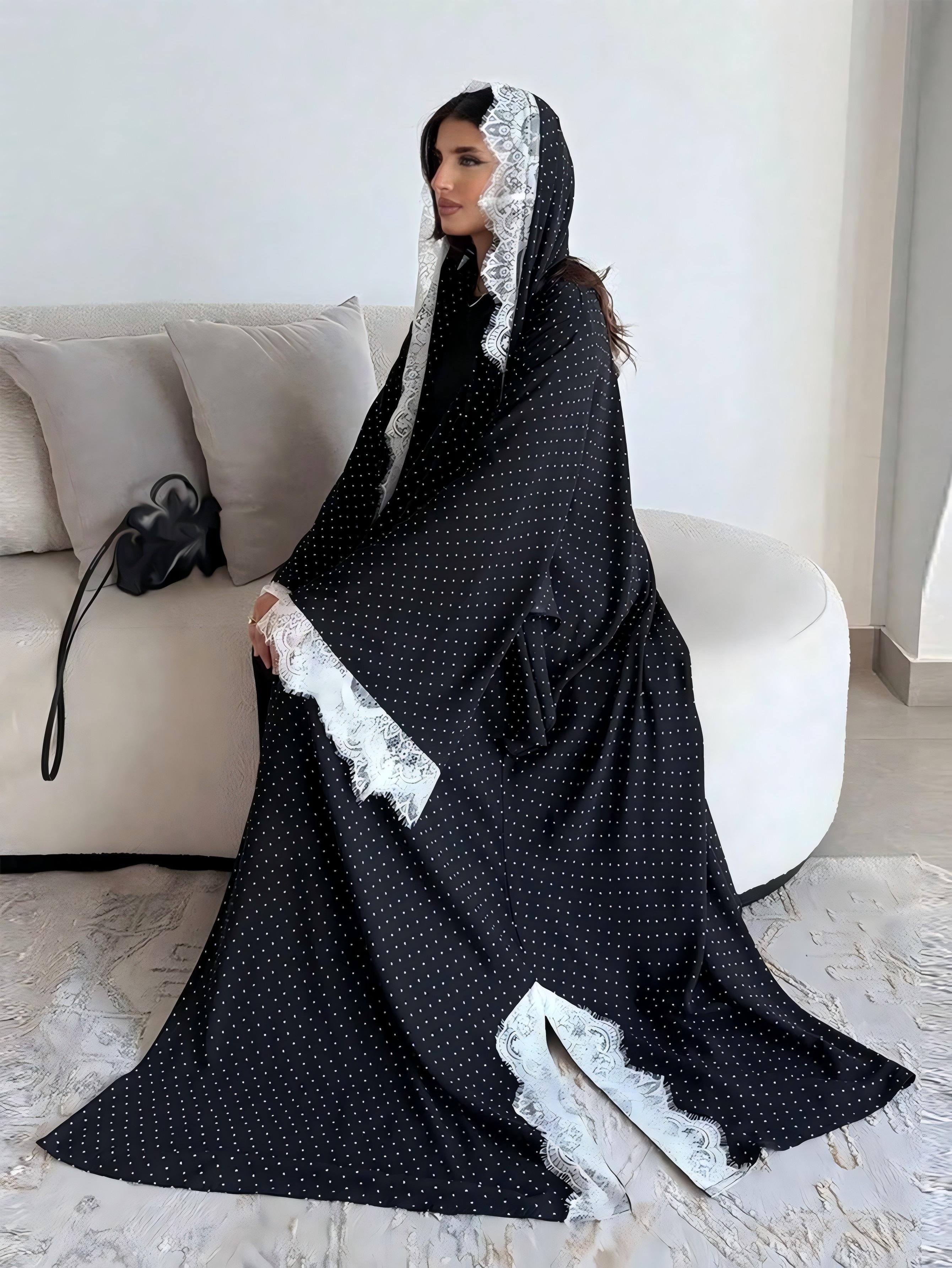 Black Polka Dot Abaya With Lace Trim