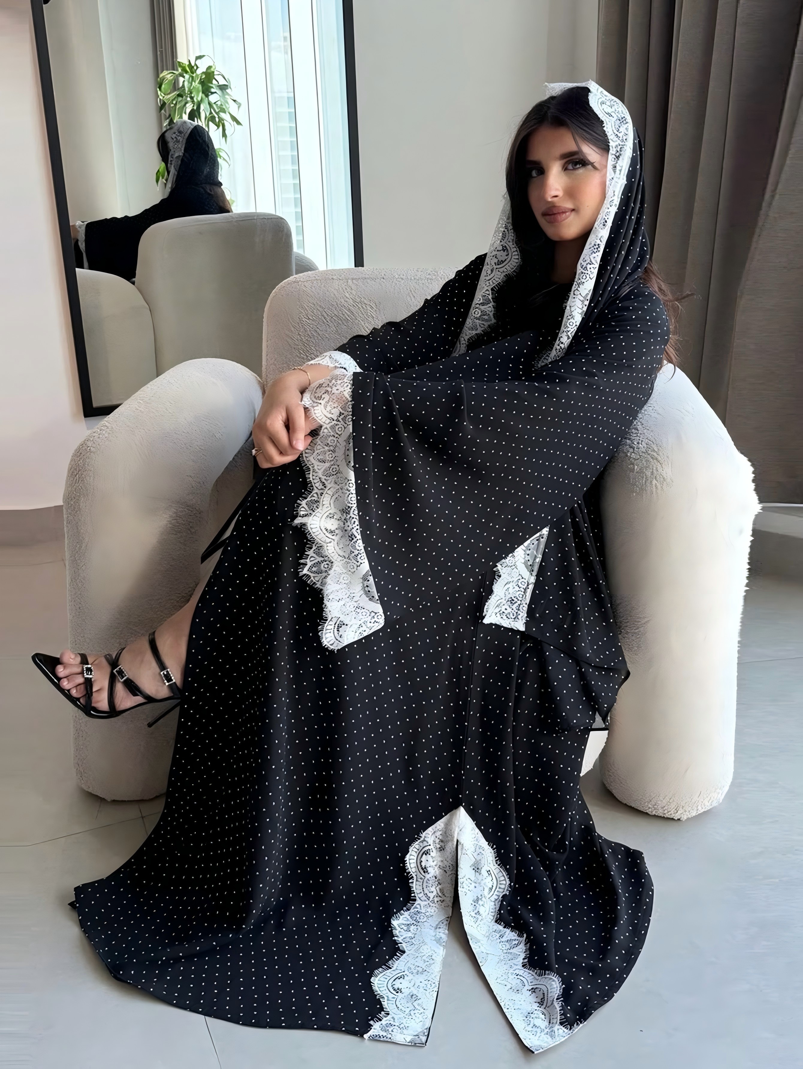 Black Polka Dot Abaya With Lace Trim