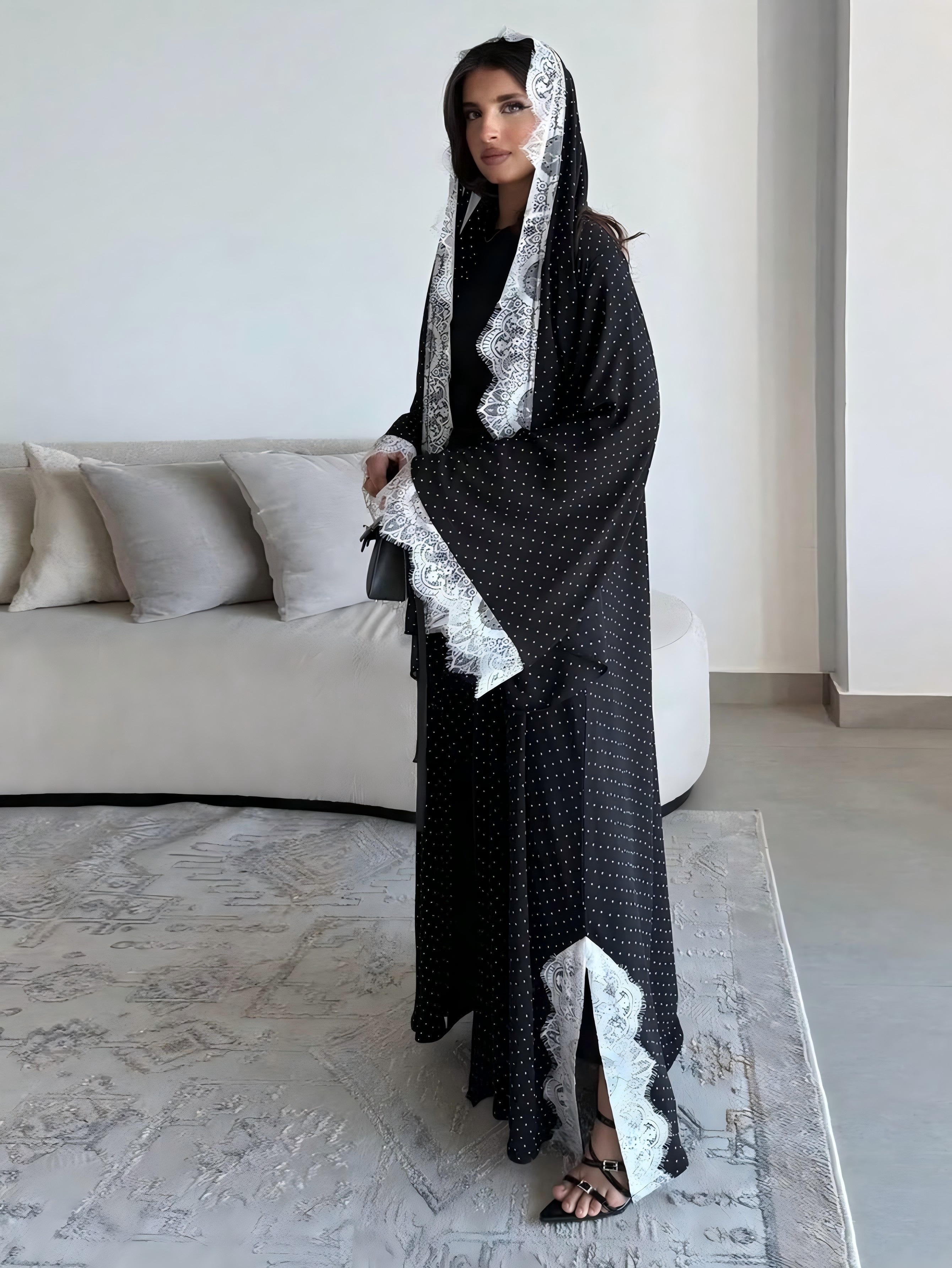 Black Polka Dot Abaya With Lace Trim