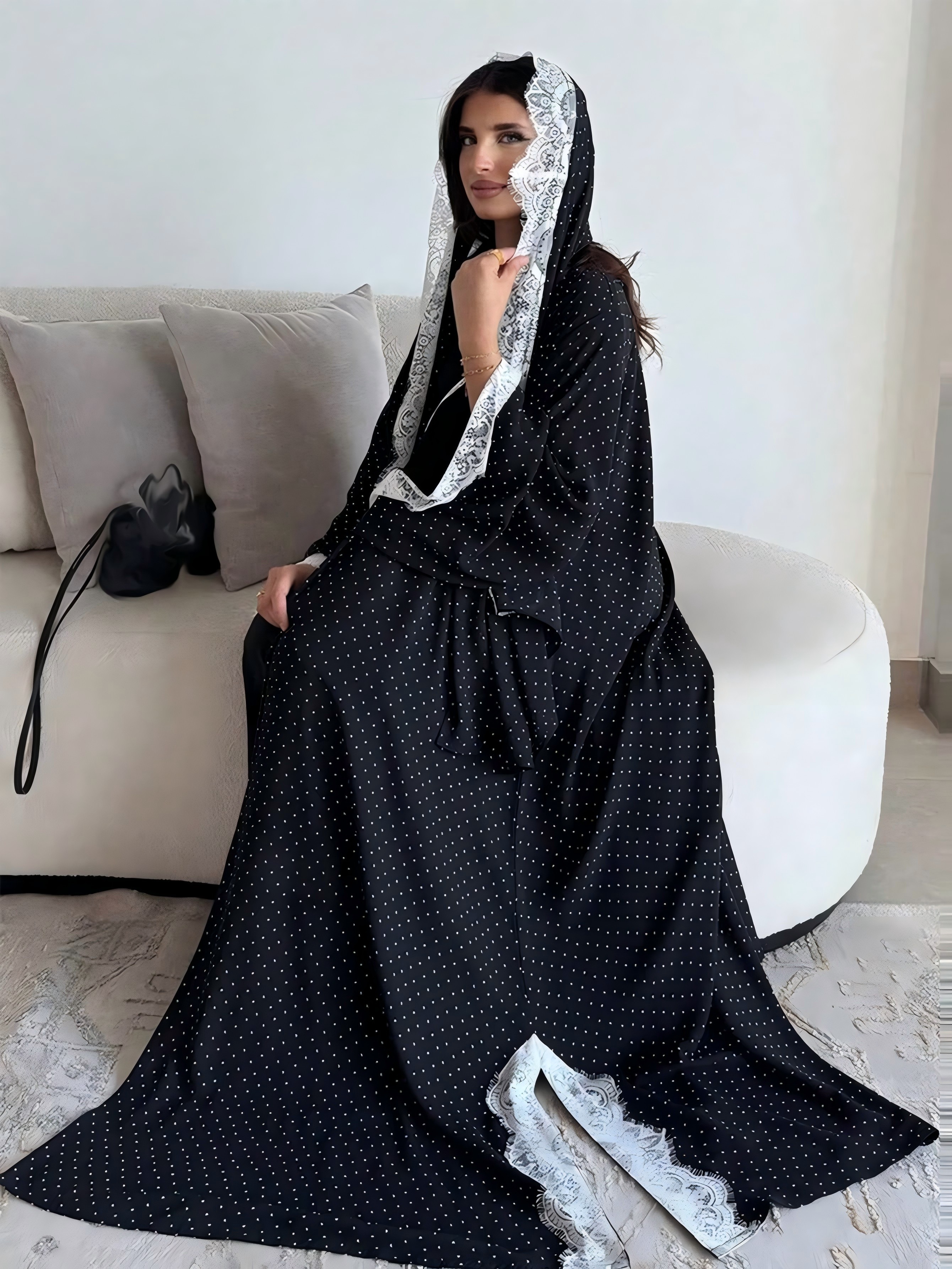 Black Polka Dot Abaya With Lace Trim