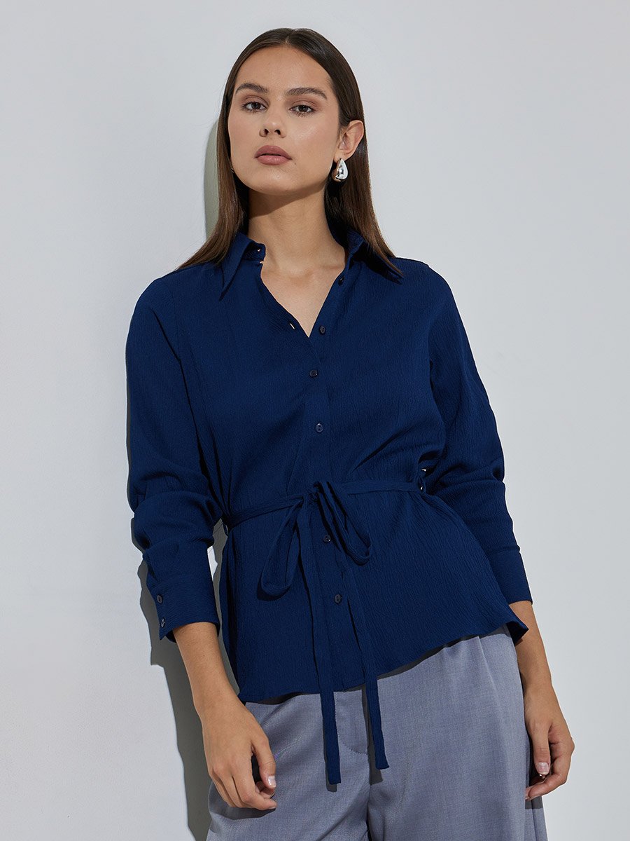 Navy Blue Solid Tie-Up Waist Long Sleeves Regular Fit Shirt
