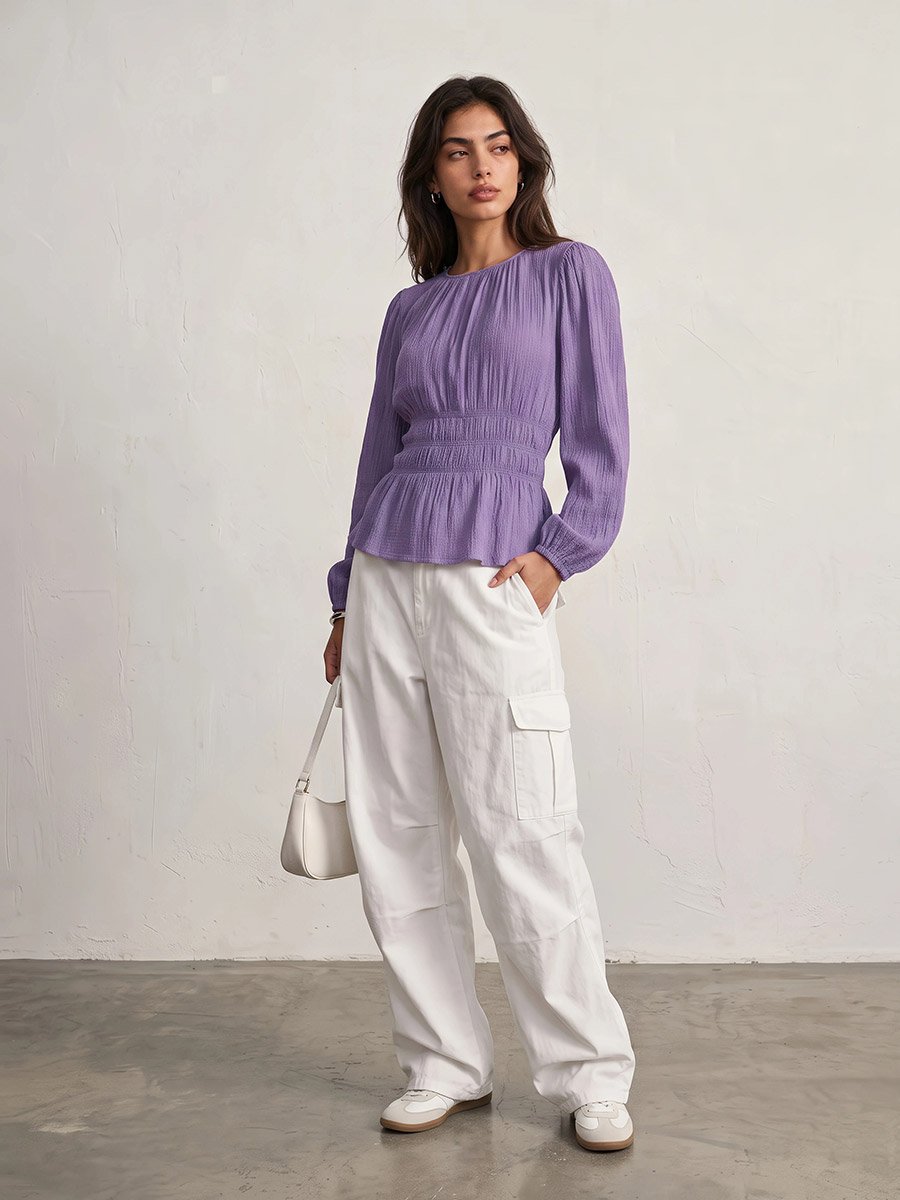 Lilac Long Sleeve Smocked Waist Blouse