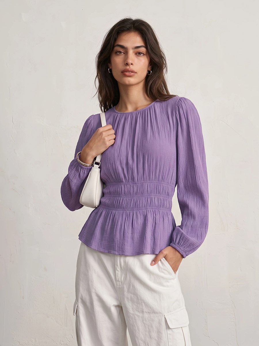 Lilac Long Sleeve Smocked Waist Blouse