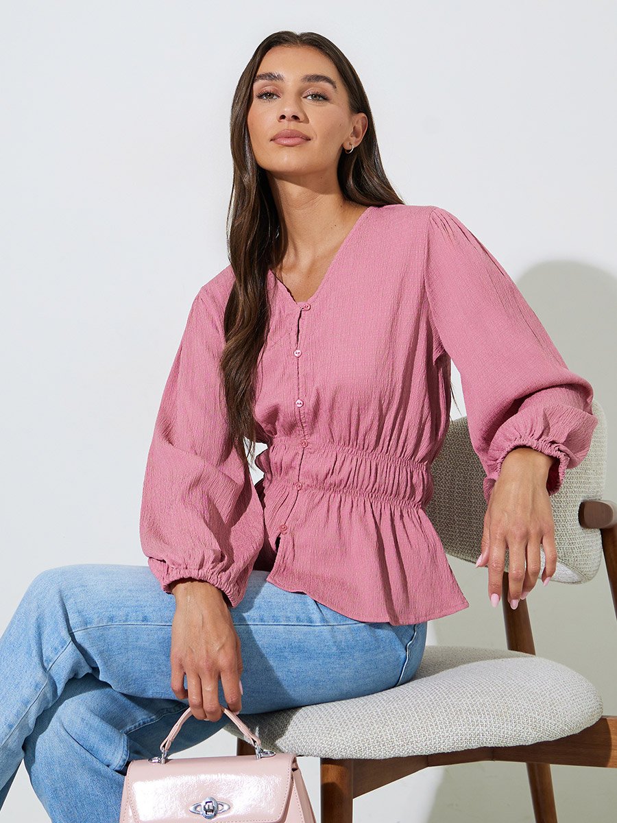 Pink Solid Smoked Waist V-Neck Long Sleeves Blouse