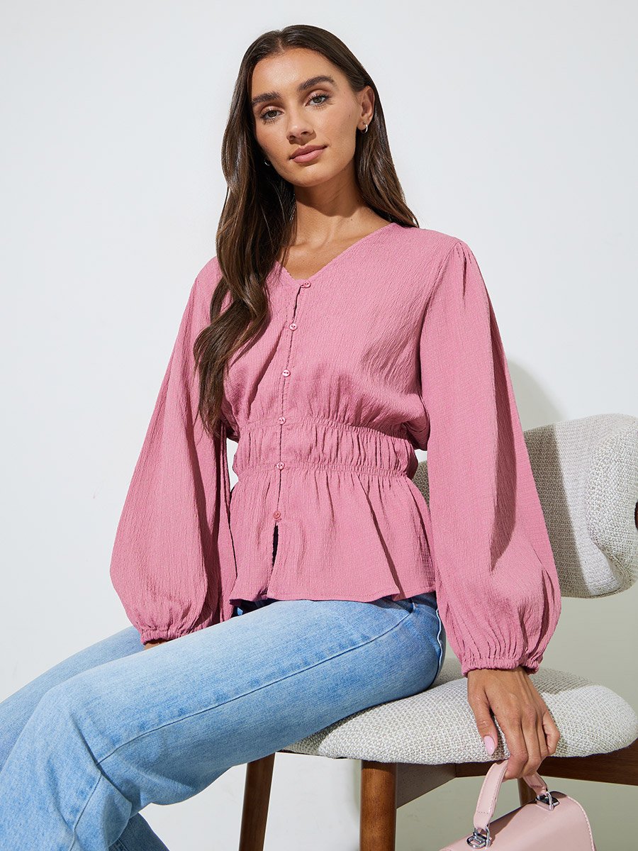 Pink Solid Smoked Waist V-Neck Long Sleeves Blouse