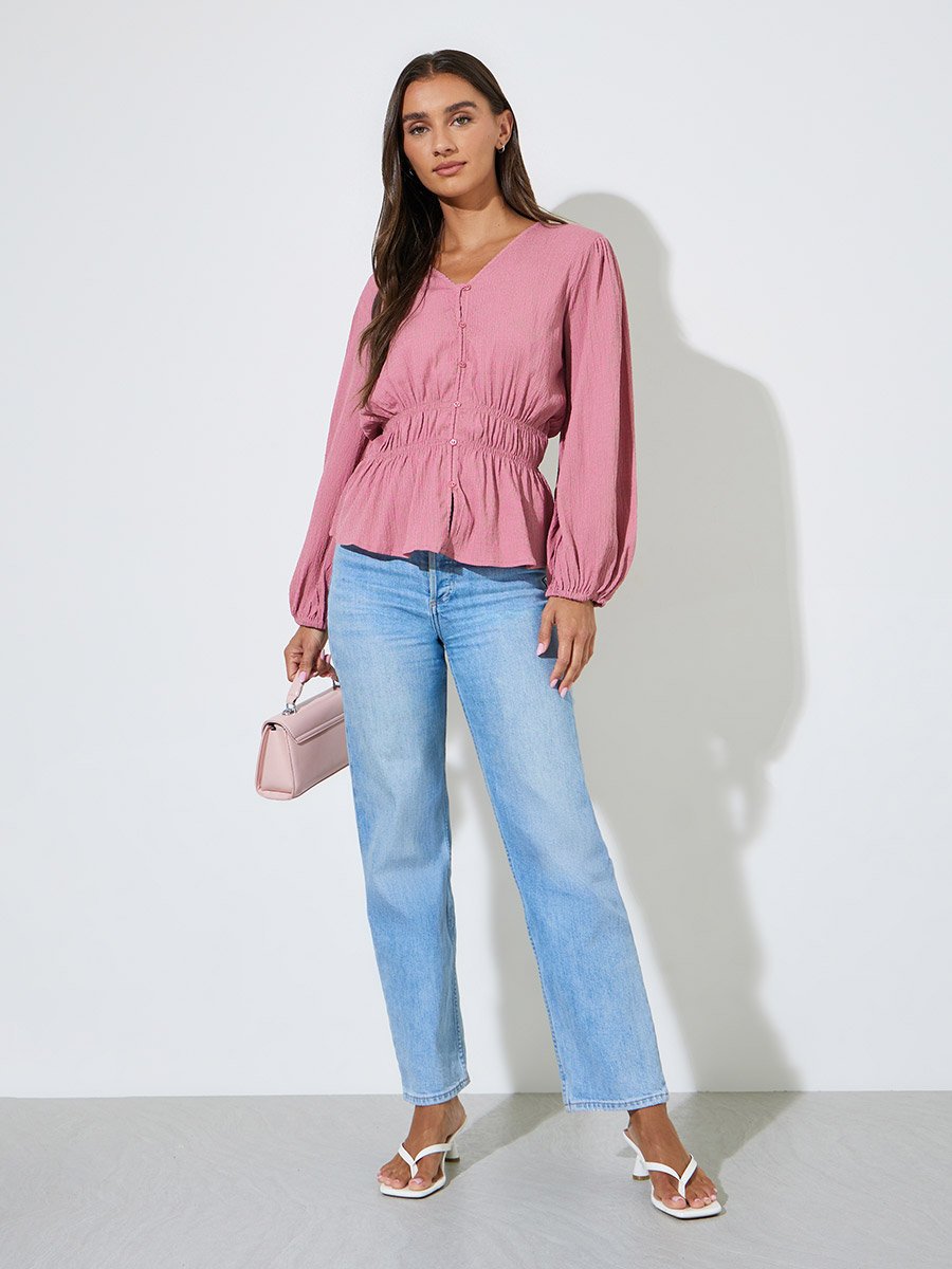 Pink Solid Smoked Waist V-Neck Long Sleeves Blouse
