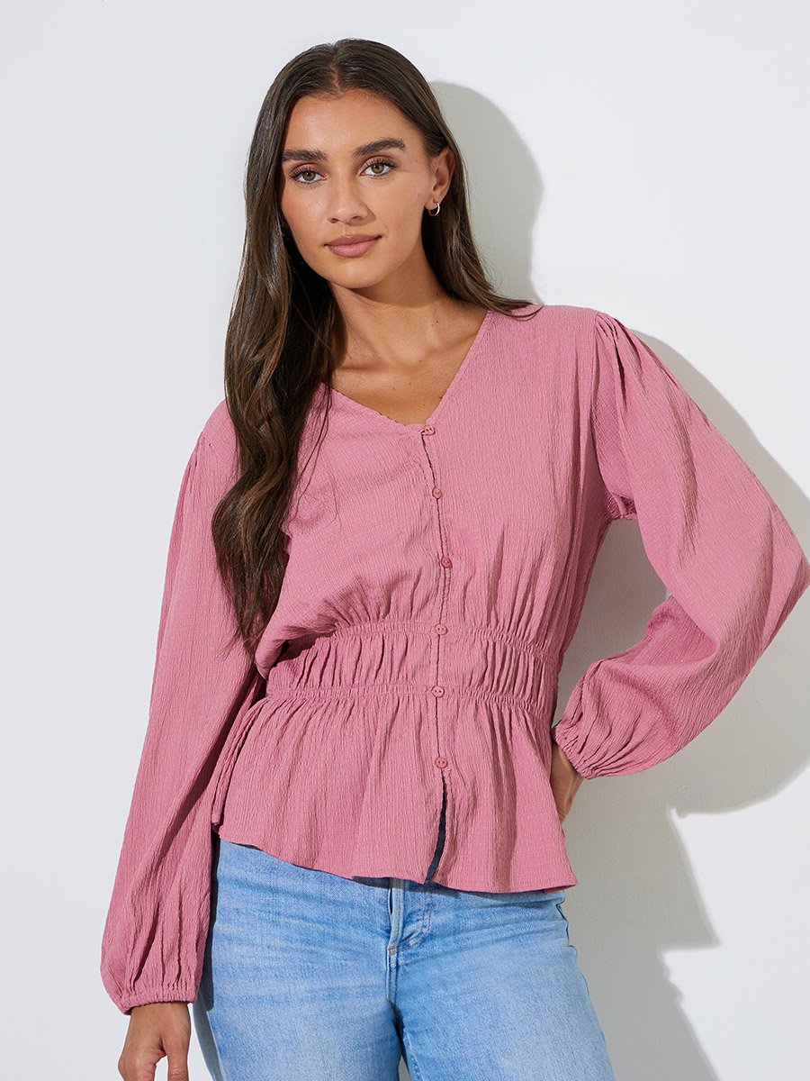 Pink Solid Smoked Waist V-Neck Long Sleeves Blouse