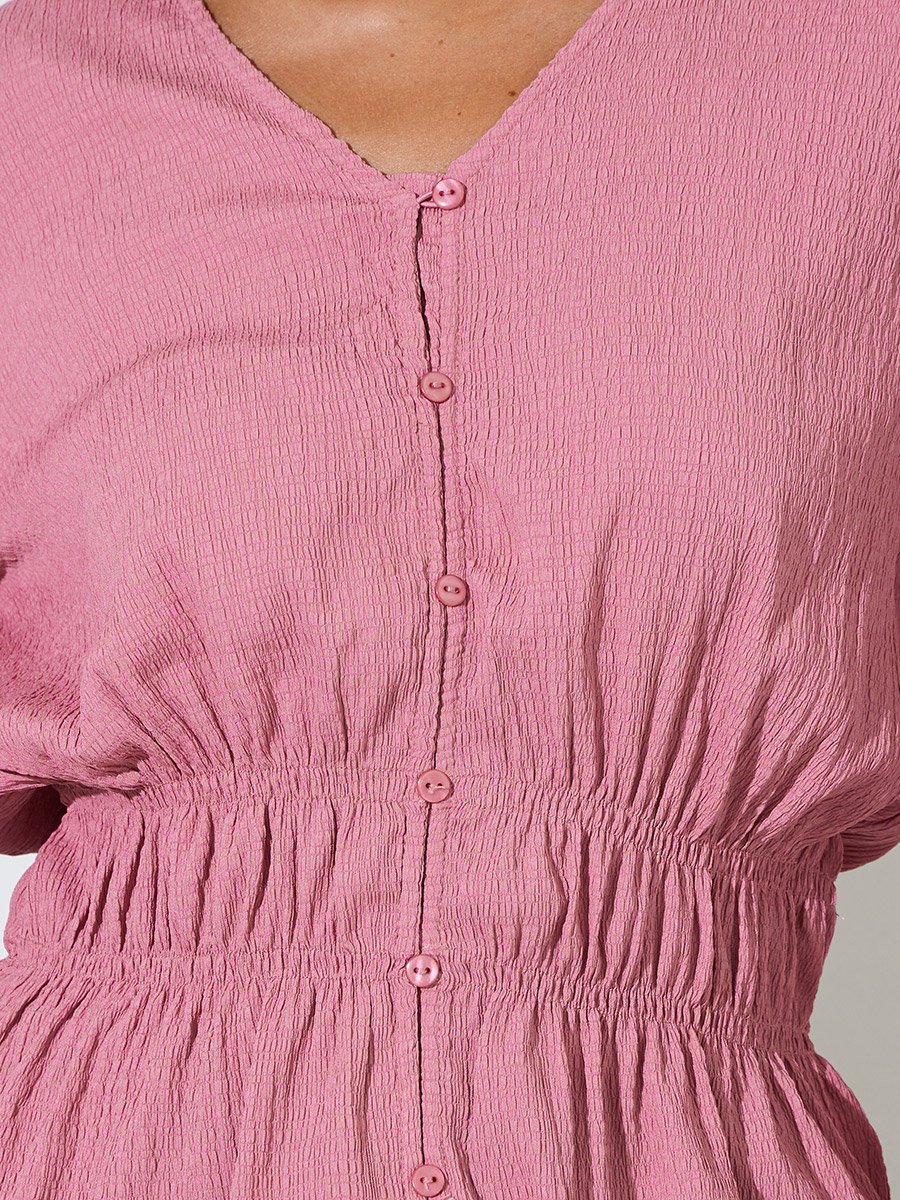 Pink Solid Smoked Waist V-Neck Long Sleeves Blouse