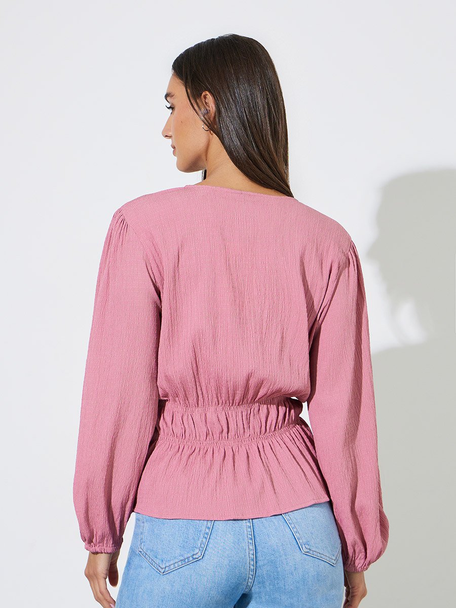 Pink Solid Smoked Waist V-Neck Long Sleeves Blouse