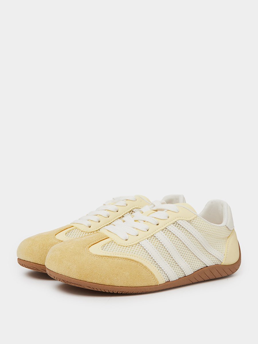 Yellow Mesh Details 4 Stripes Sports Sneakers