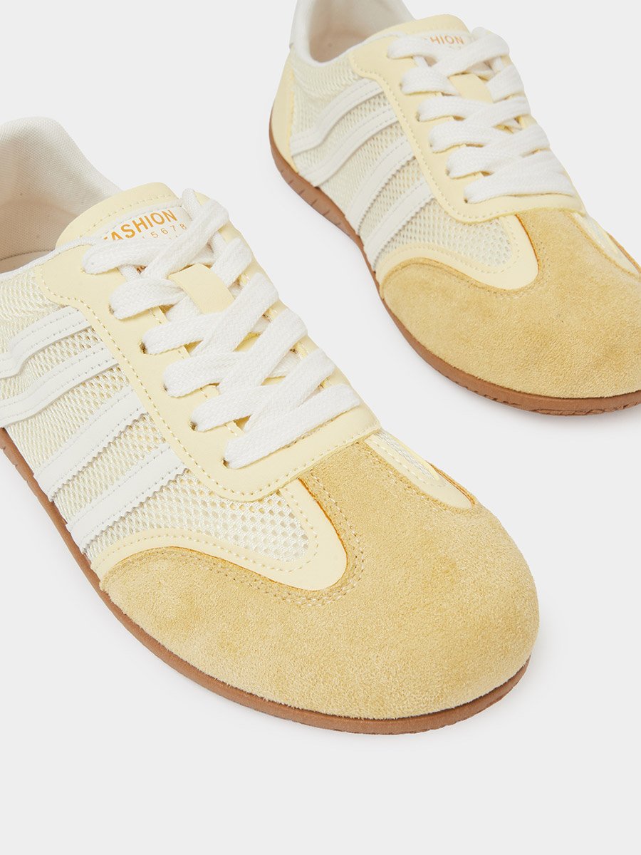 Yellow Mesh Details 4 Stripes Sports Sneakers