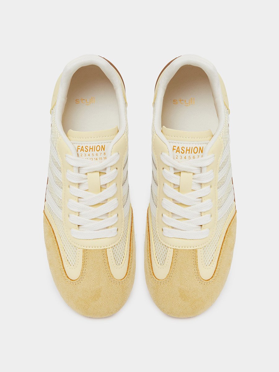 Yellow Mesh Details 4 Stripes Sports Sneakers