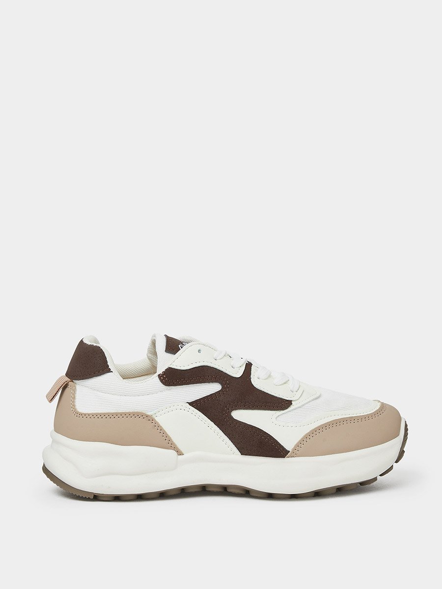 Beige Contrast Panel Lace Up Sneakers