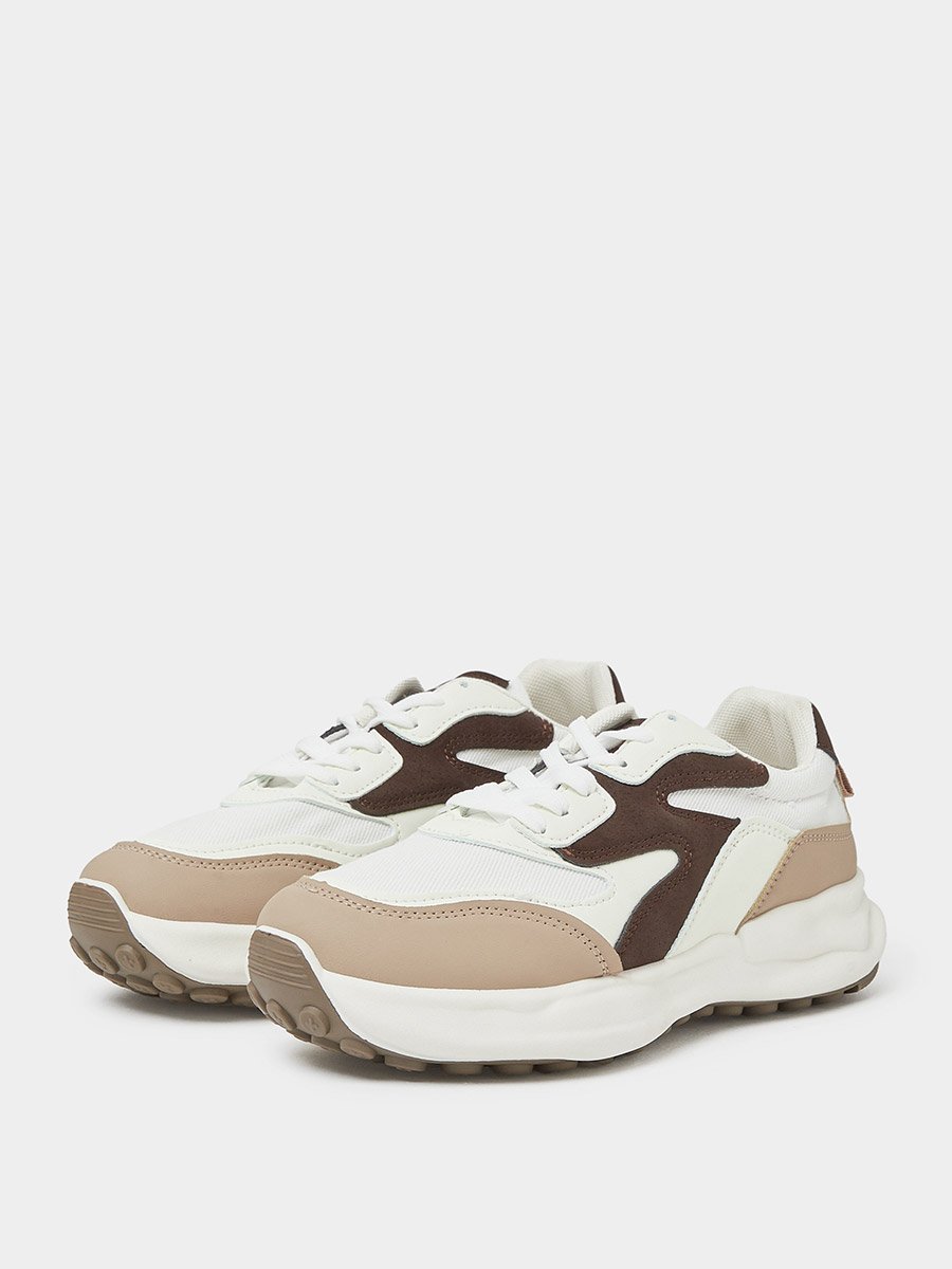 Beige Contrast Panel Lace Up Sneakers