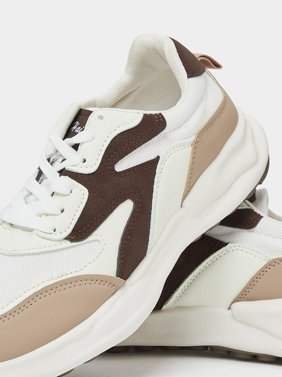 Beige Contrast Panel Lace Up Sneakers