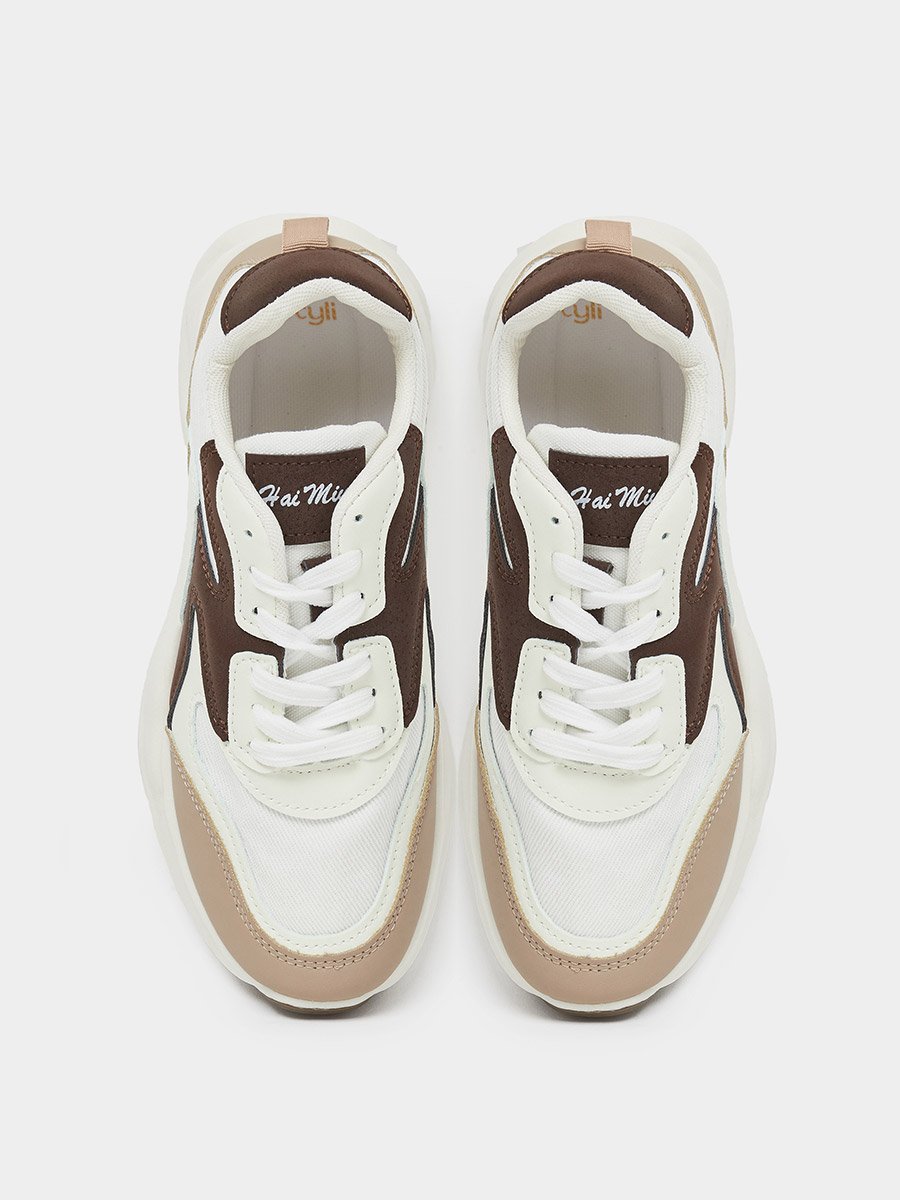 Beige Contrast Panel Lace Up Sneakers
