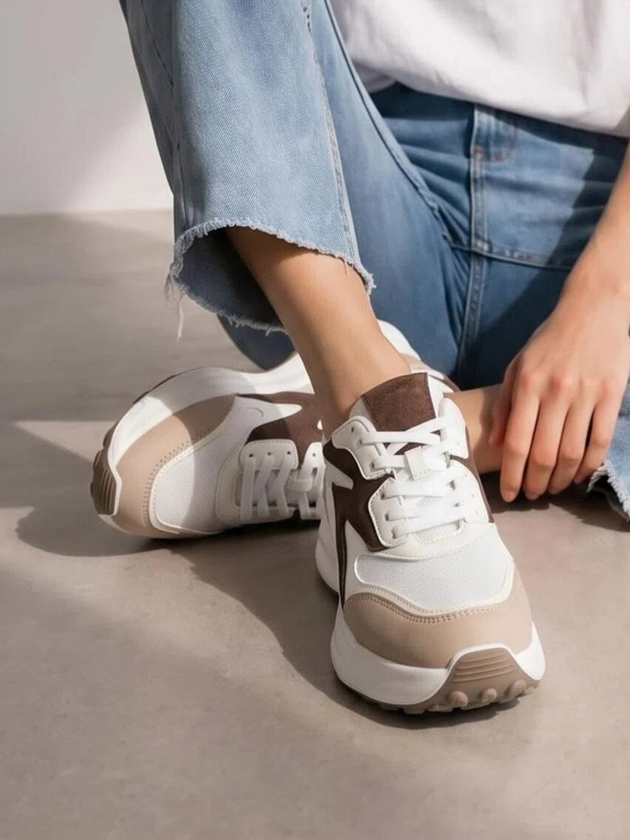 Beige Contrast Panel Lace Up Sneakers