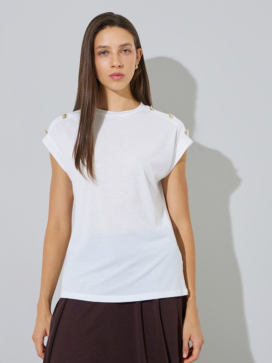 White Plain Shoulder Button Detail Regular Fit T-Shirt