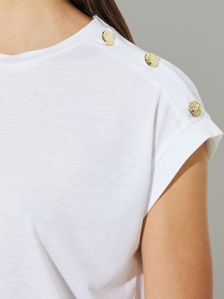 White Plain Shoulder Button Detail Regular Fit T-Shirt
