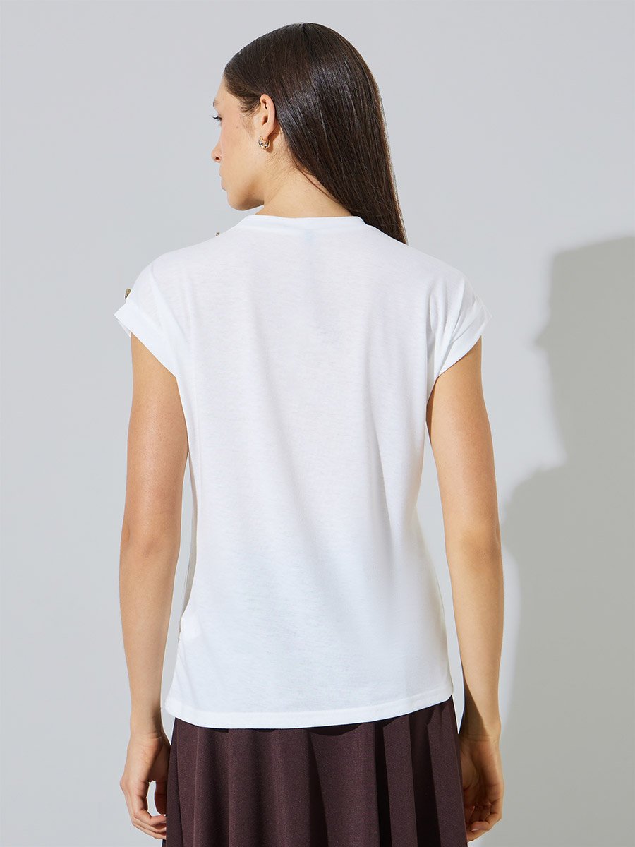 White Plain Shoulder Button Detail Regular Fit T-Shirt