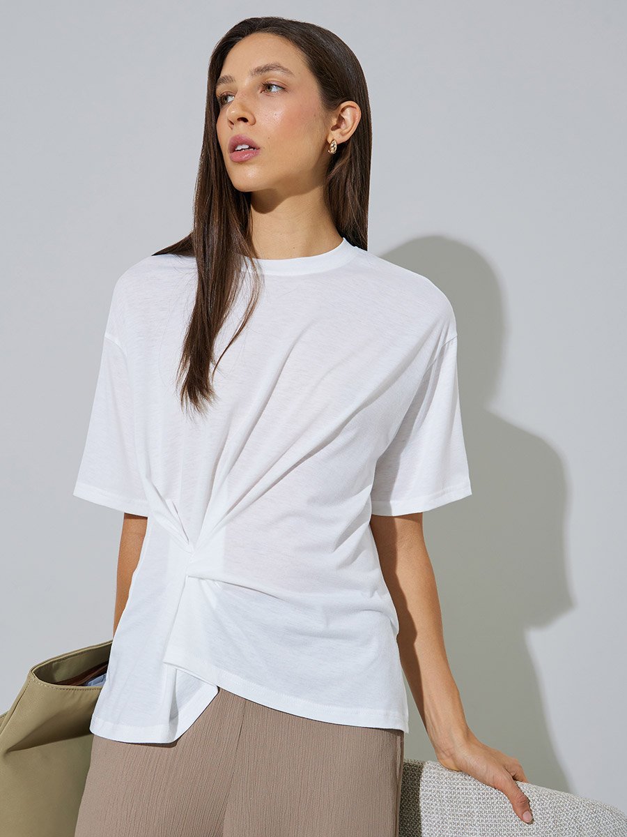 White Plain Side Pleated Regular Fit T-Shirt