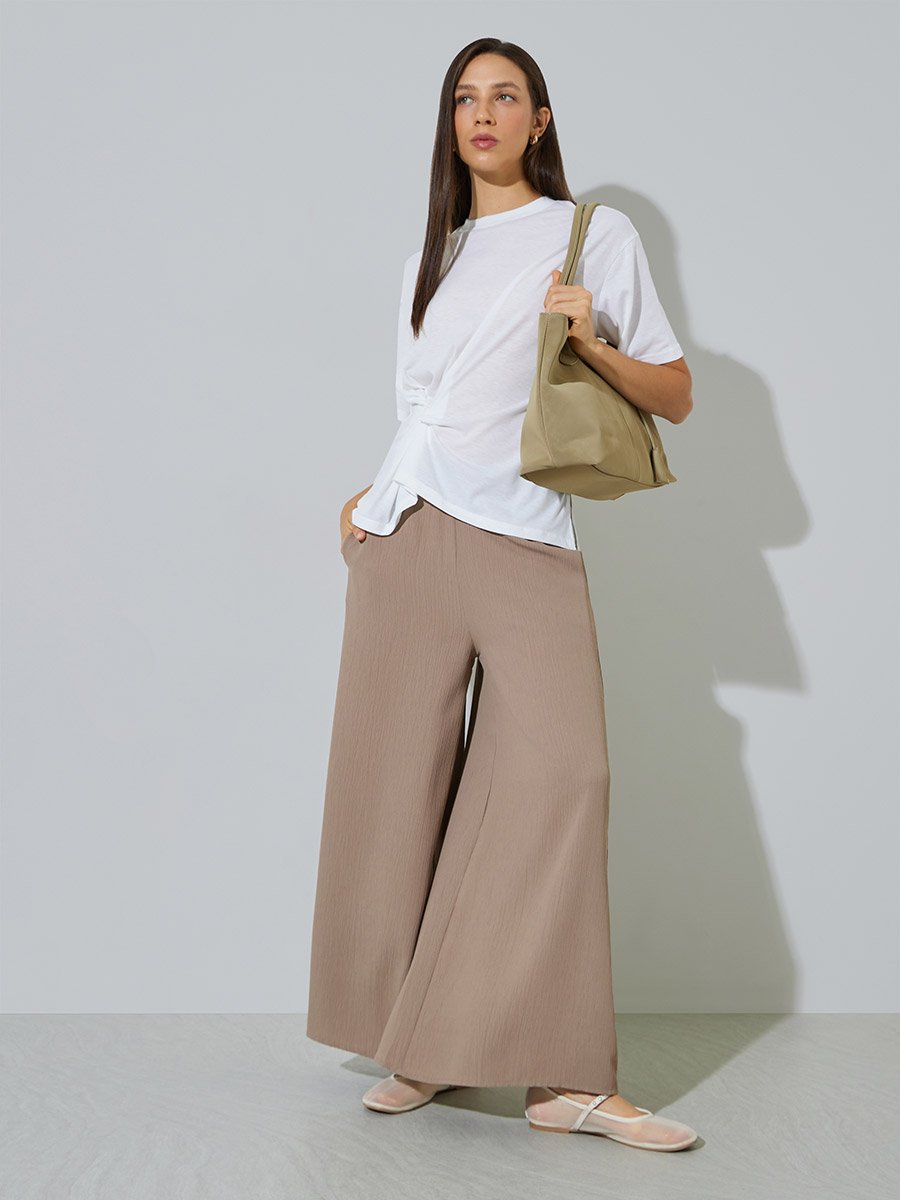 White Plain Side Pleated Regular Fit T-Shirt