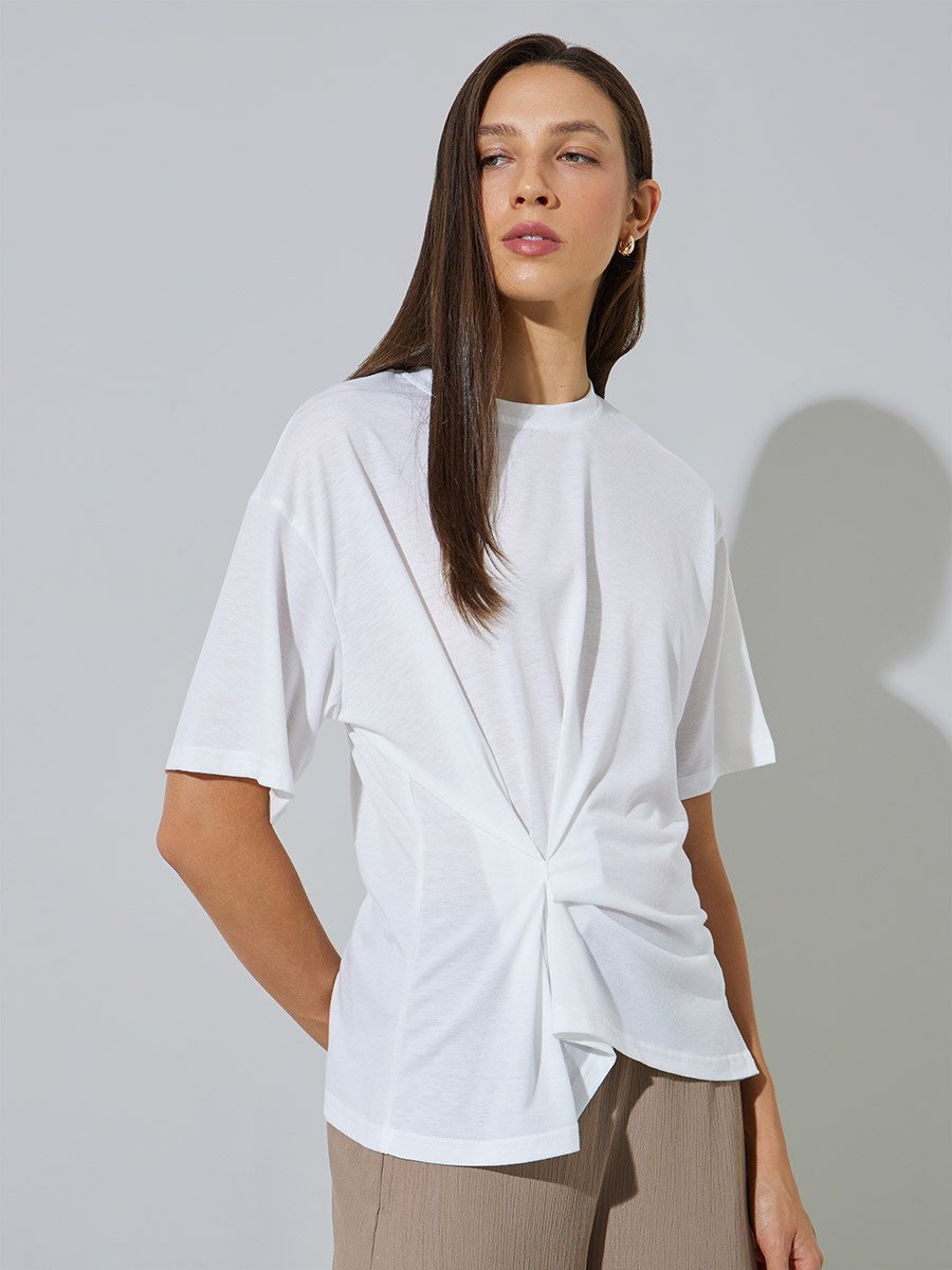 White Plain Side Pleated Regular Fit T-Shirt
