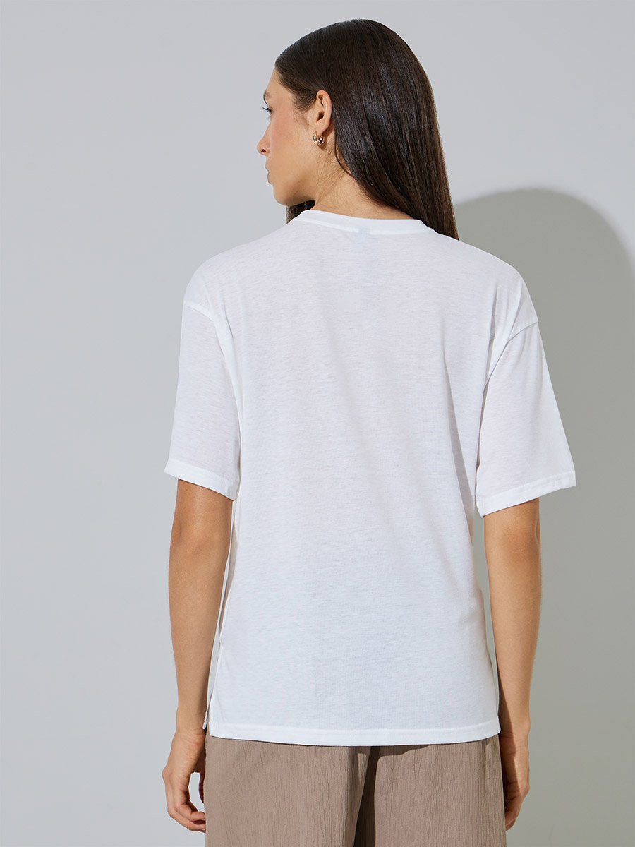 White Plain Side Pleated Regular Fit T-Shirt