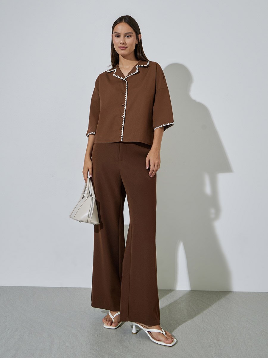 Brown Contrast Stitching 3/4 Flared Sleeves Shirt