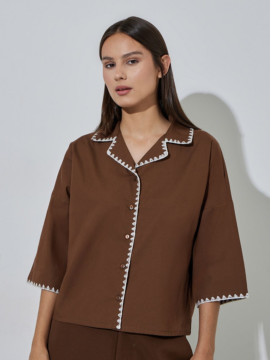 Brown Contrast Stitching 3/4 Flared Sleeves Shirt