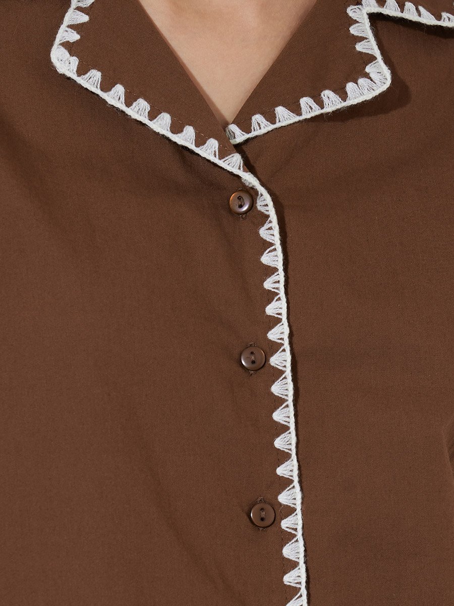 Brown Contrast Stitching 3/4 Flared Sleeves Shirt