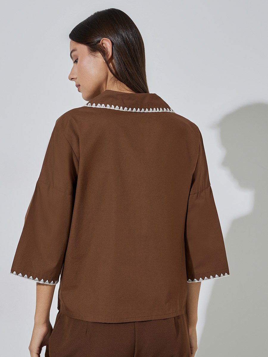 Brown Contrast Stitching 3/4 Flared Sleeves Shirt