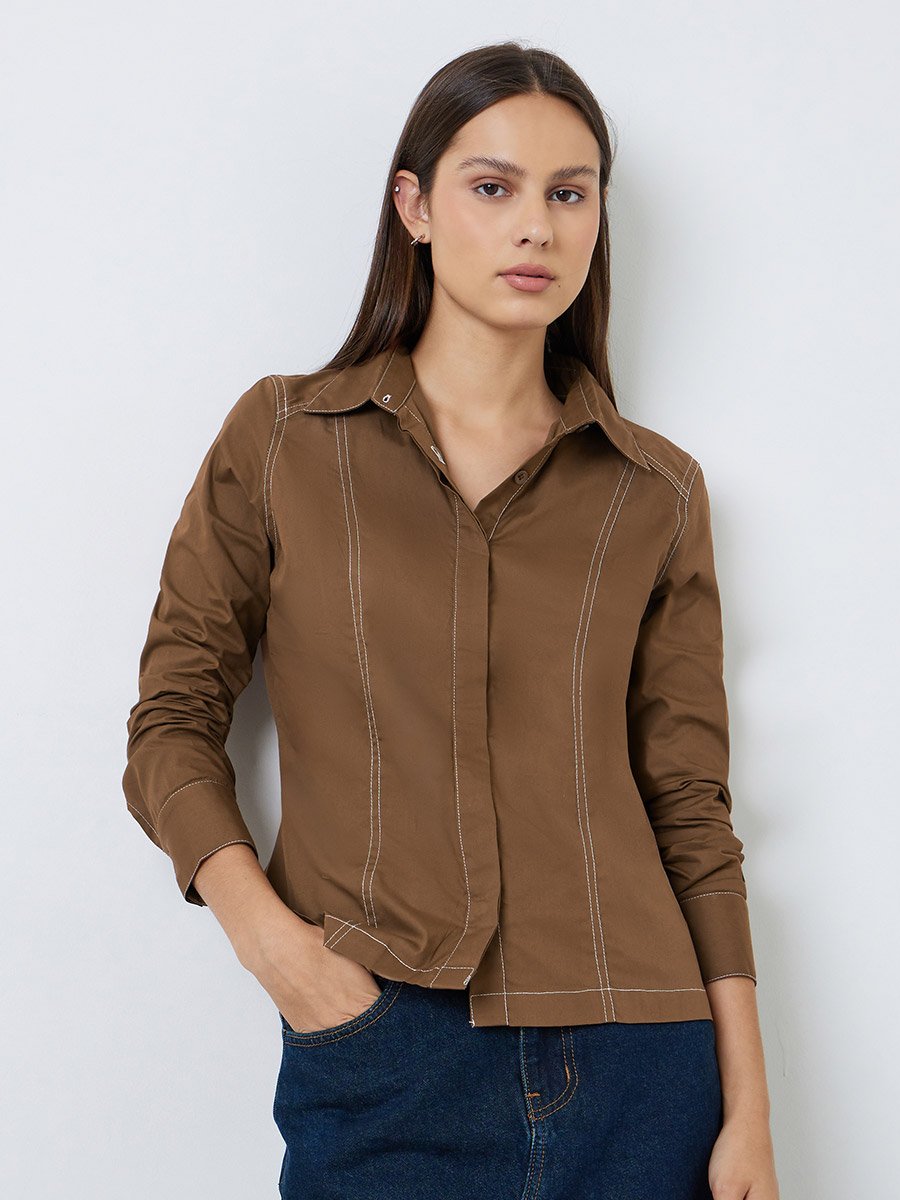 Brown Cotton Regular Fit Shirt with Stitch Detail