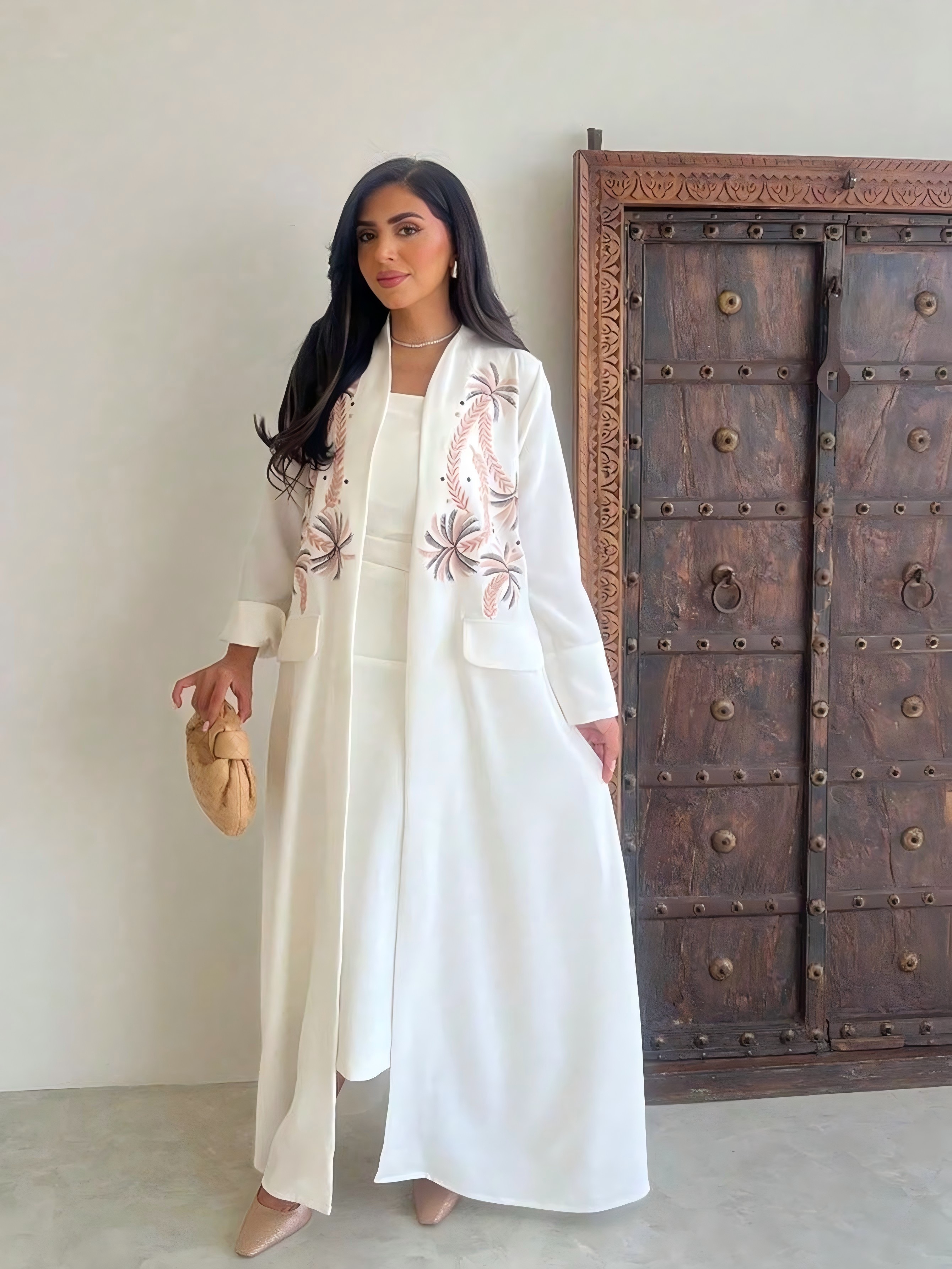 White Graphic Embroidered Open Abaya