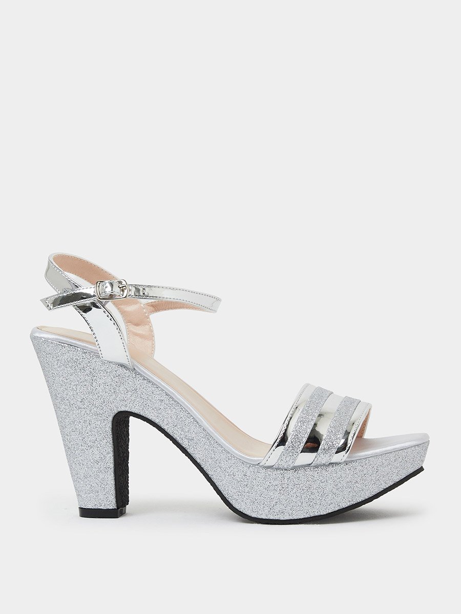 Silver Glitter Platform Block Heel Sandals
