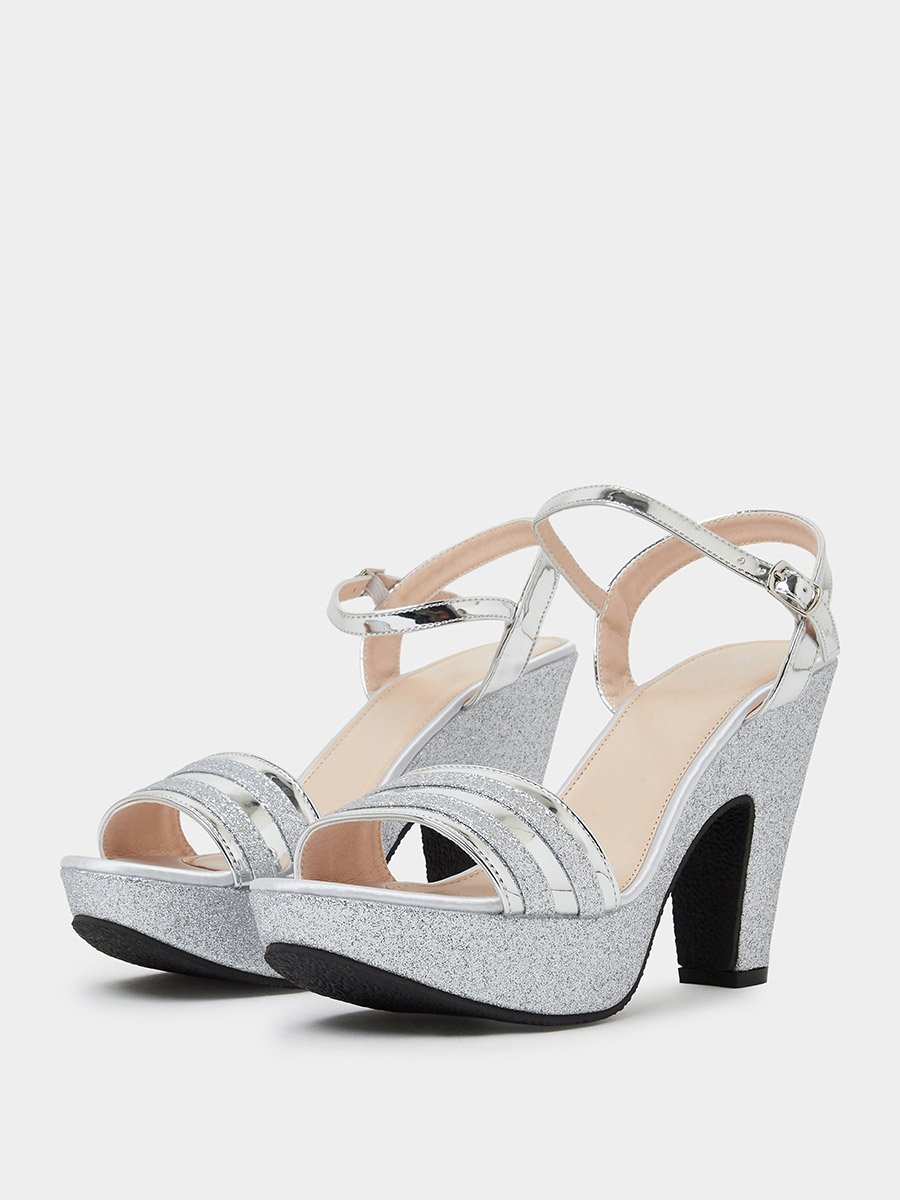 Silver Glitter Platform Block Heel Sandals