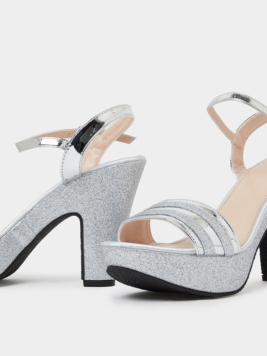 Silver Glitter Platform Block Heel Sandals
